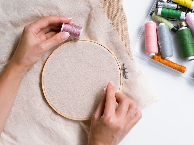 Top view of woman making decorations