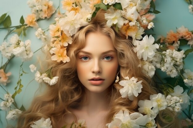 Top view woman posing with beautiful flowers