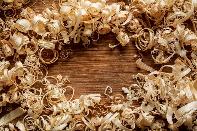 Top view wood sawdust in workshop