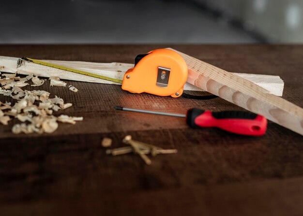 Top view wood tools on desk