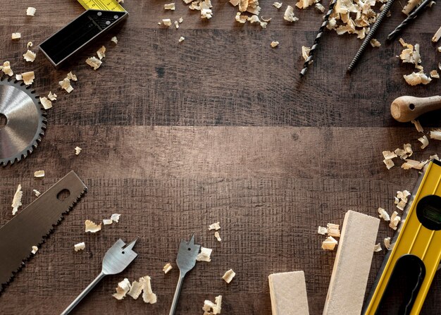 Top view wood tools on desk