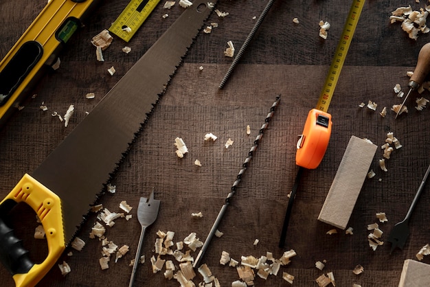 Top view wood tools on desk