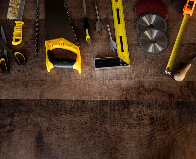 Top view wood tools on desk