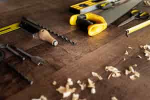 Free photo top view wood tools on desk