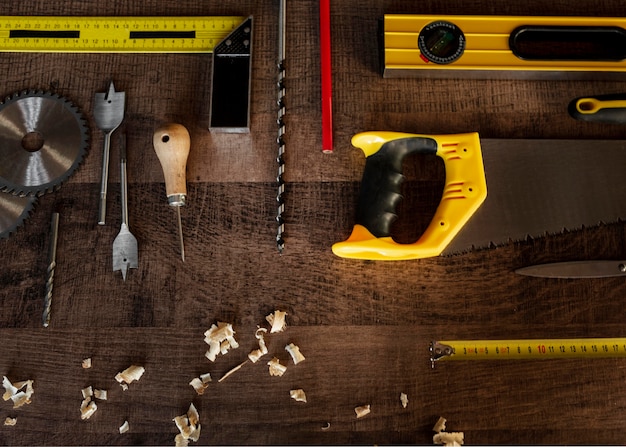 Top view wood tools on desk