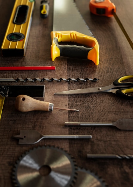 Top view wood tools on desk