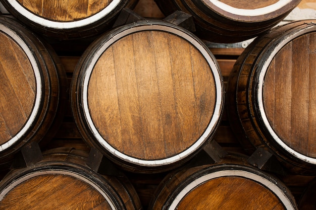 Top view of wooden barrels