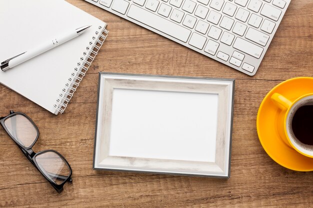 Top view of wooden frame with copy space