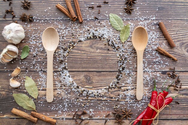 Top view of wooden spoons with condiments and cinnamon sticks