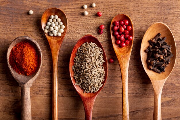 Top view of wooden spoons with spices