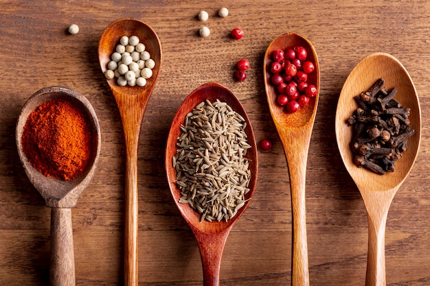 Top view of wooden spoons with spices