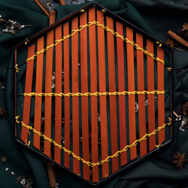 Top view wooden tray on table