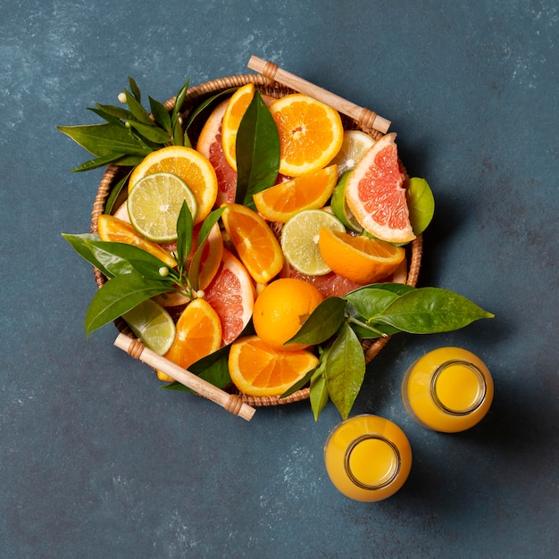 Top view wooden tray with citrus