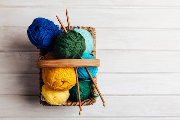 Top view of wool balls in basket