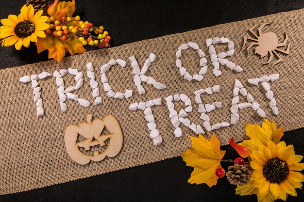 Top view of the word Trick or treat and artificial flowers on a linen fabric