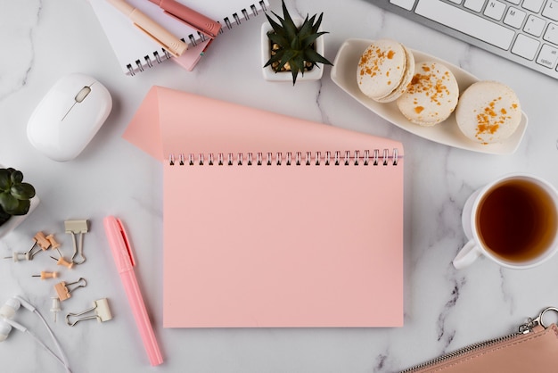 Top view workplace items on marble table