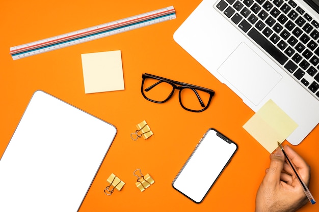 Top view workspace with mockup devices