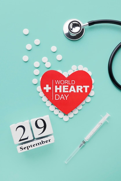 Concetto di giornata mondiale del cuore vista dall'alto con lo stetoscopio