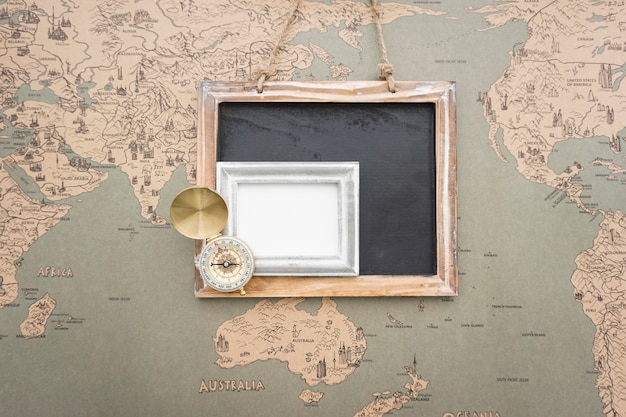 Top view of world map with decorative items