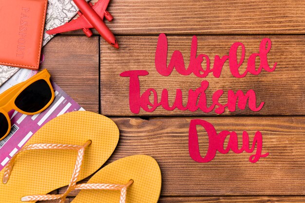 Top view world tourism day lettering