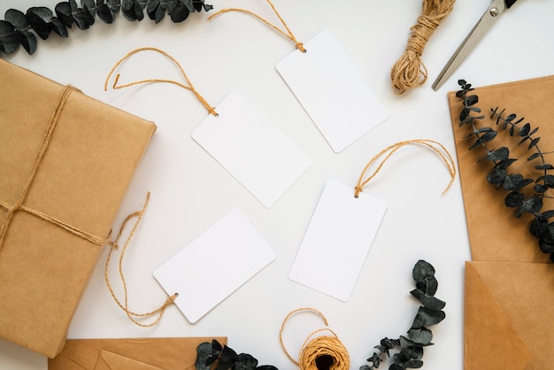 Top view wrapping paper and empty white labels