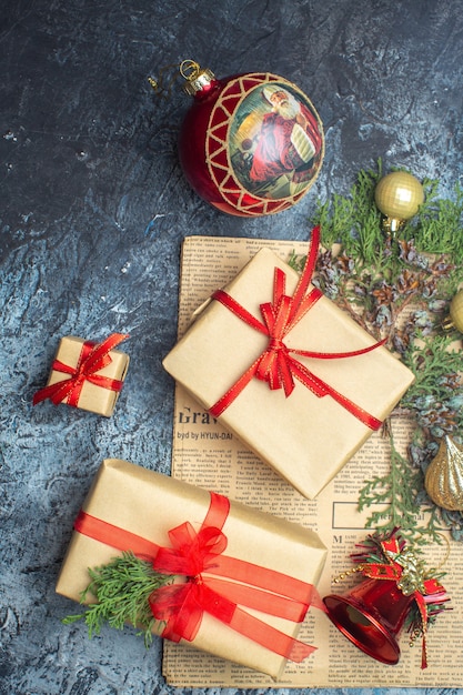 Top view xmas presents on light-dark background