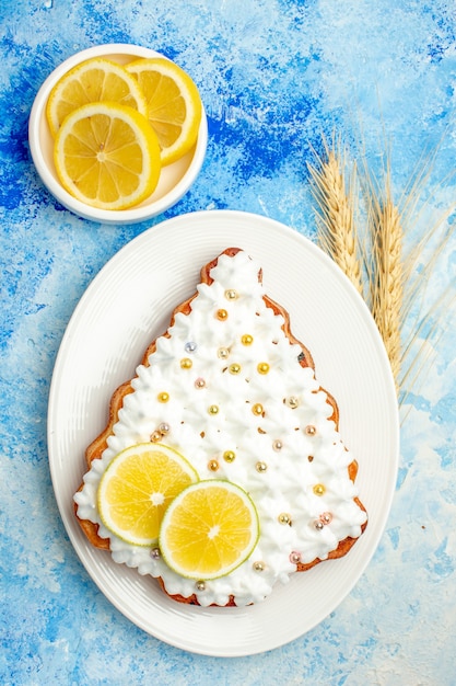 無料写真 青いテーブルの上のプレート上の上面図クリスマスツリーケーキレモンスライス