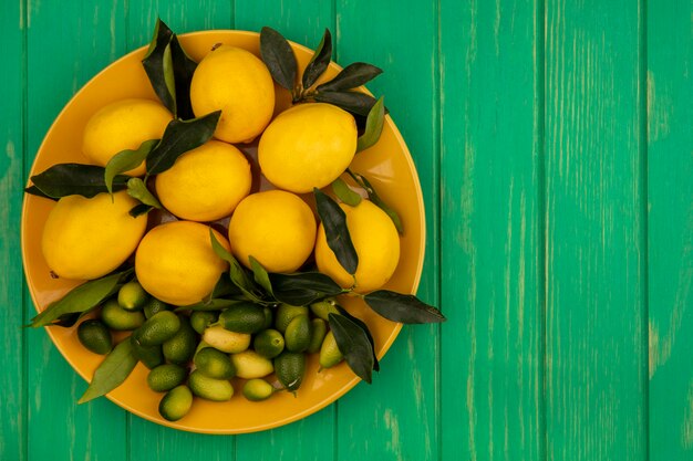 Вид сверху желтого блюда из свежих цитрусовых, таких как лимоны и кинканы, на зеленой деревянной стене с копией пространства
