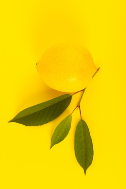 Вид сверху желтый лимон свежий спелый с зелеными листьями, изолированные на желтом фоне цвета цитрусовых