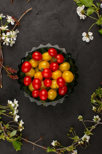 Вид сверху желтые красные помидоры свежие спелые внутри пластины на темном фоне