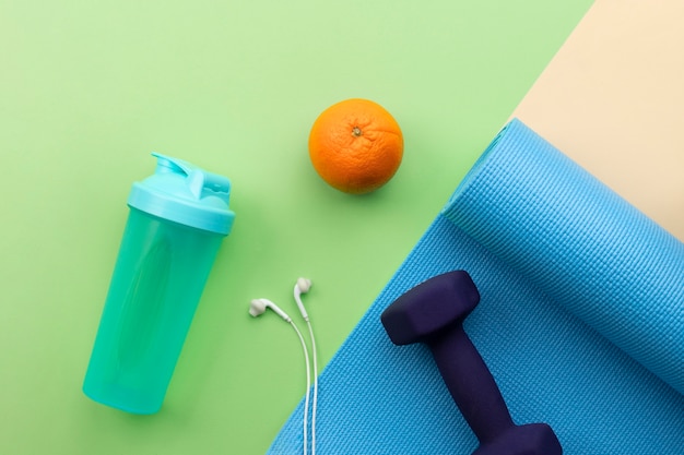 top view on yoga essential items