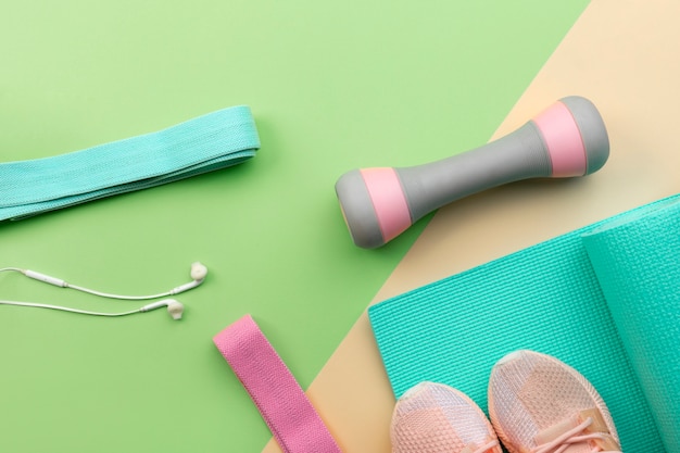 top view on yoga essential items