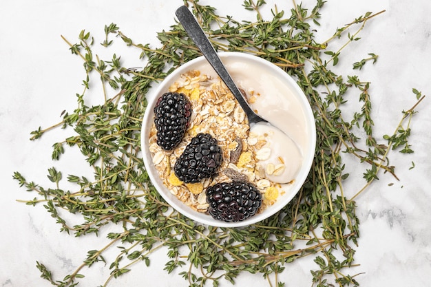 Free photo top view yogurt with blackberries and oats
