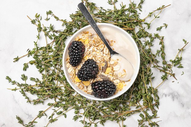 Top view yogurt with blackberries and oats