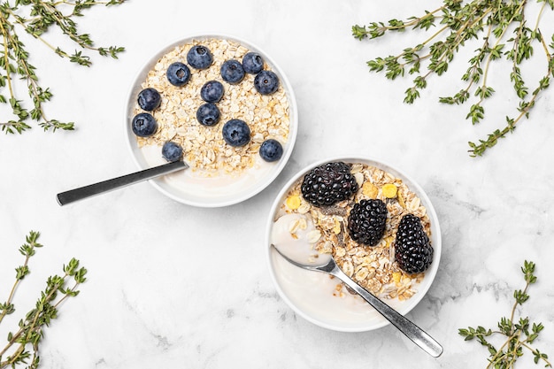 Top view yogurt with fruits and oats