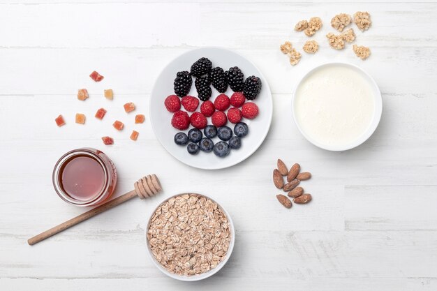 Top view yougurt with fruits