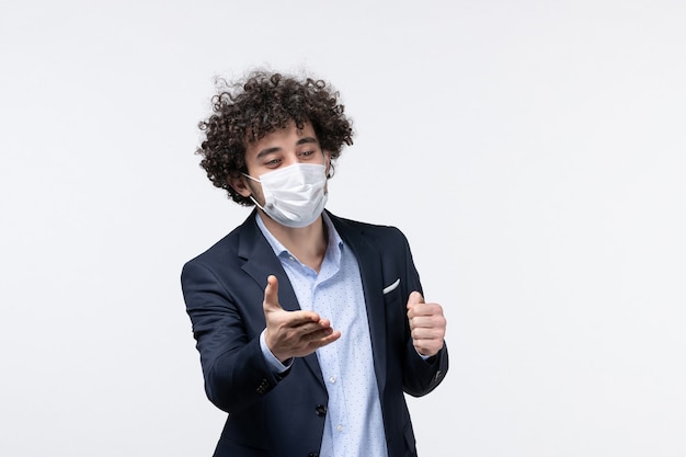 Top view of young male entrepreneur in suit and welcoming someone on isolated white background