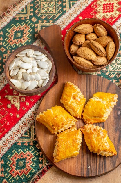 Top view of yummy nut pastries sweet cakes