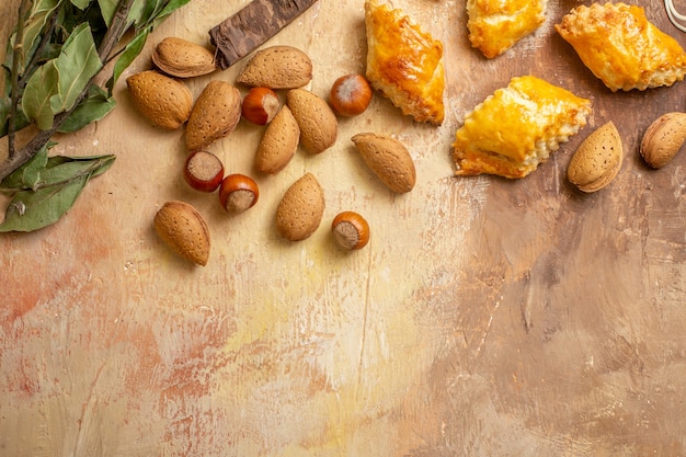 Top view of yummy nut pastries sweet cakes