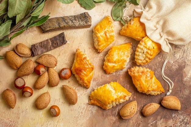 Top view of yummy nut pastries sweet cakes