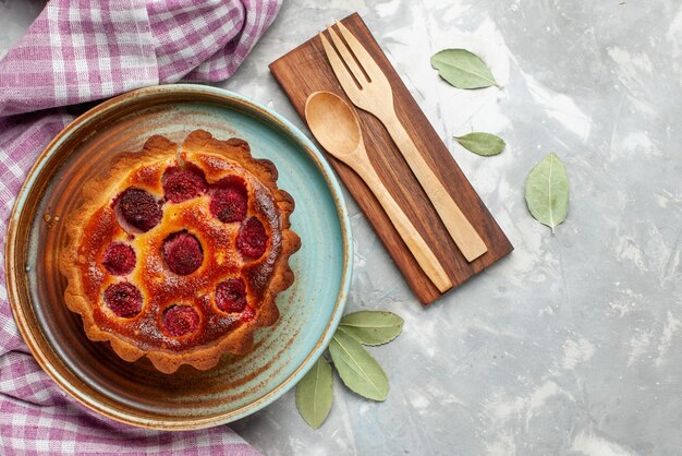 Top view yummy raspberry cake on the light background cake fruit bake sweet sugar