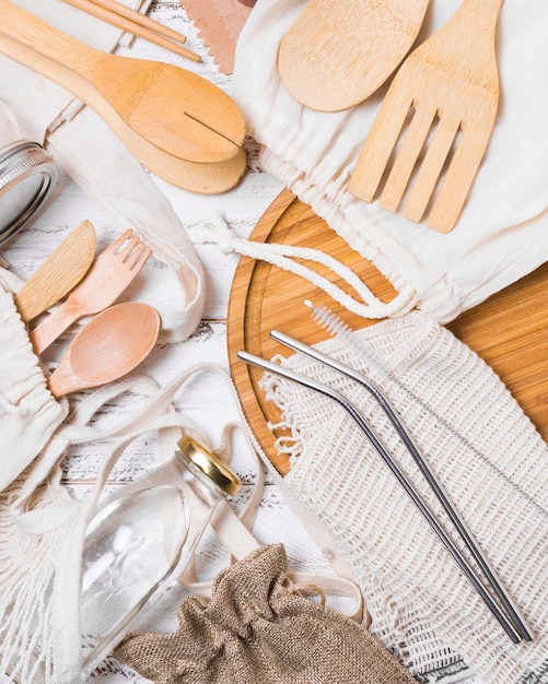 Top view zero waste arrangement on wooden background with copy space