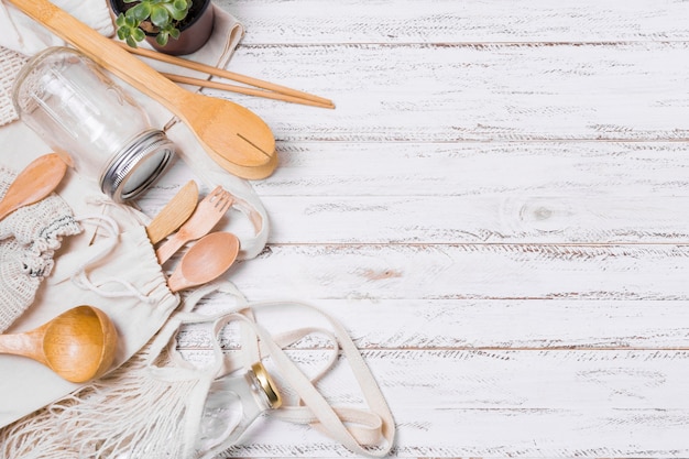 Top view zero waste arrangement on wooden background