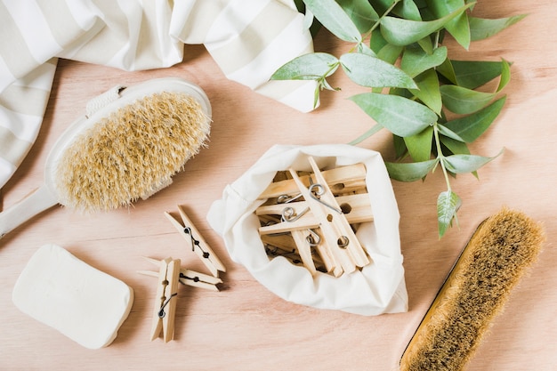 Top view zero waste composition on wooden background