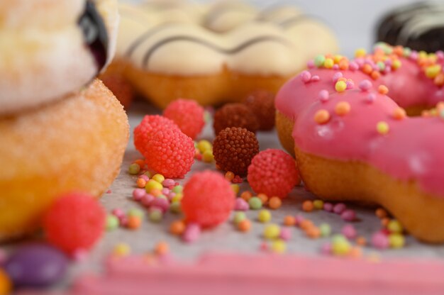 The topping used for decorating donuts. Selective focus