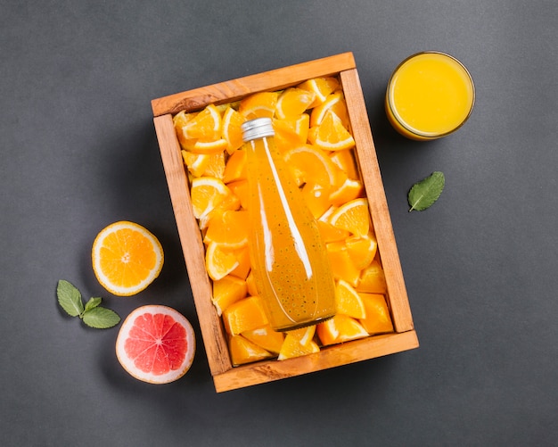 Topview orange juice and fruit slices