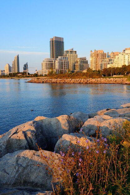 Toronto cityscape at waterfront in the morning after sunrise.