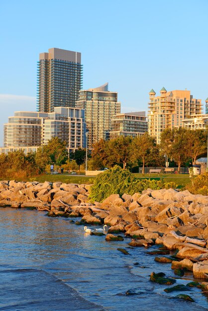 Toronto cityscape at waterfront in the morning after sunrise.