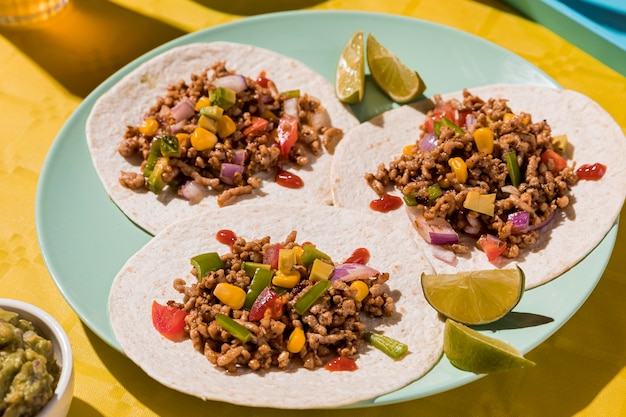 Tortilla with meat and vegetables on plate