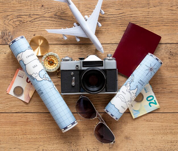 Tourism items assortment above view